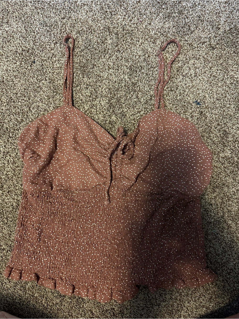 Women's Spaghetti Strap Smocked Cami Top - Rust with White Dot